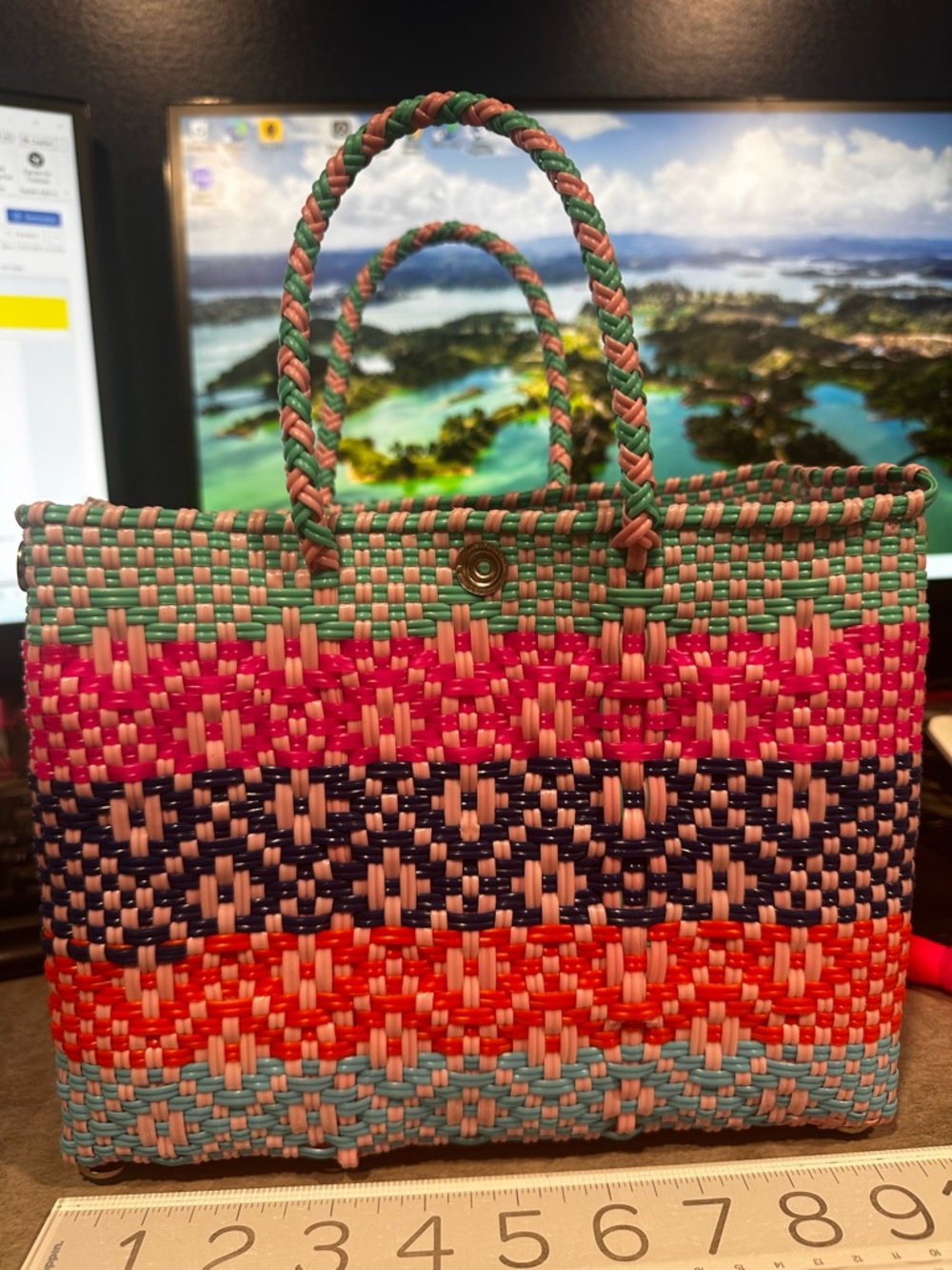 Woven Multicolor Straw Tote Bag - Mint, Pink, Navy, Coral